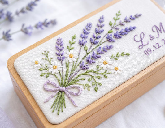 Personalized Wedding Ring Box, Lavender & Daisy Embroidered Wooden Ring Bearer Box, Custom Initials Date, Bridal Keepsake Gift for Newlyweds