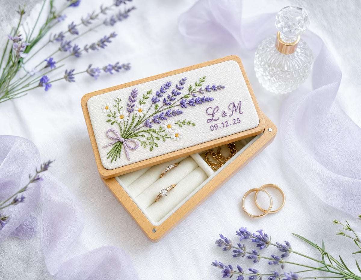 Personalized Wedding Ring Box, Lavender & Daisy Embroidered Wooden Ring Bearer Box, Custom Initials Date, Bridal Keepsake Gift for Newlyweds