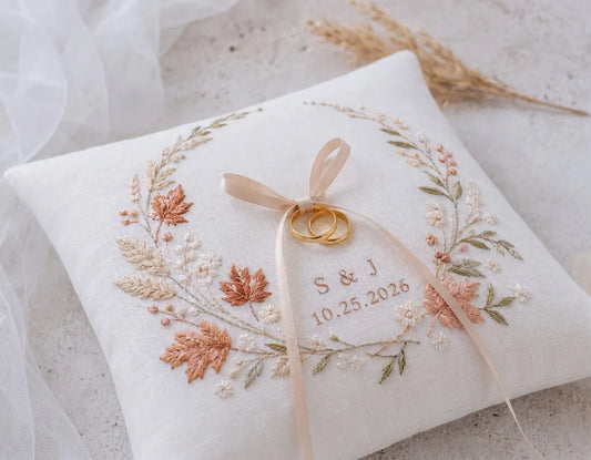 Personalized Autumn Wedding Ring Pillow, Maple Leaf Wreath Embroidered Ring Bearer Pillow, Custom Initials & Date, Fall Bridal Keepsake Gift