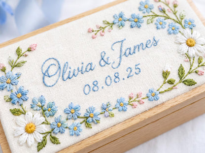 Personalized Mini Wooden Jewelry Box, Hand Embroidered Forget Me Nots and Daisy Ring Box Names and Date, Wedding Keepsake Something Blue
