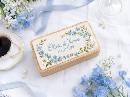 Personalized Mini Wooden Jewelry Box, Hand Embroidered Forget Me Nots and Daisy Ring Box Names and Date, Wedding Keepsake Something Blue