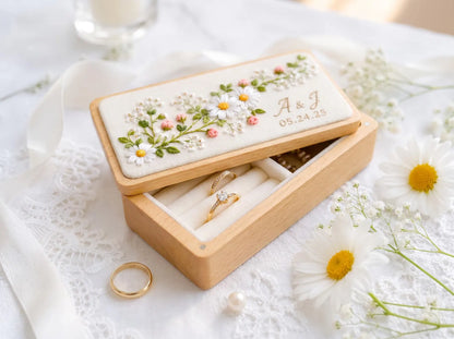Personalized Mini Wooden Jewelry Box, Hand Embroidered White Daisies, Blush Roses and Baby's Breath, Initials and Date Wedding Keepsake Gift