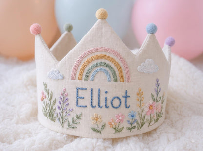 Personalized Rainbow Birthday Crown, Hand Embroidered Wildflowers and Clouds, Custom Name Linen Kids Party Hat, First Birthday Keepsake Gift