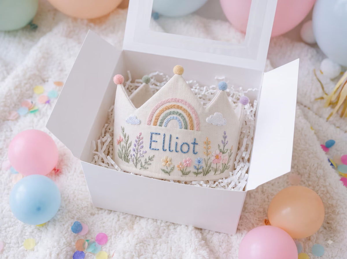 Personalized Rainbow Birthday Crown, Hand Embroidered Wildflowers and Clouds, Custom Name Linen Kids Party Hat, First Birthday Keepsake Gift