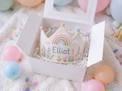 Personalized Rainbow Birthday Crown, Hand Embroidered Wildflowers and Clouds, Custom Name Linen Kids Party Hat, First Birthday Keepsake Gift