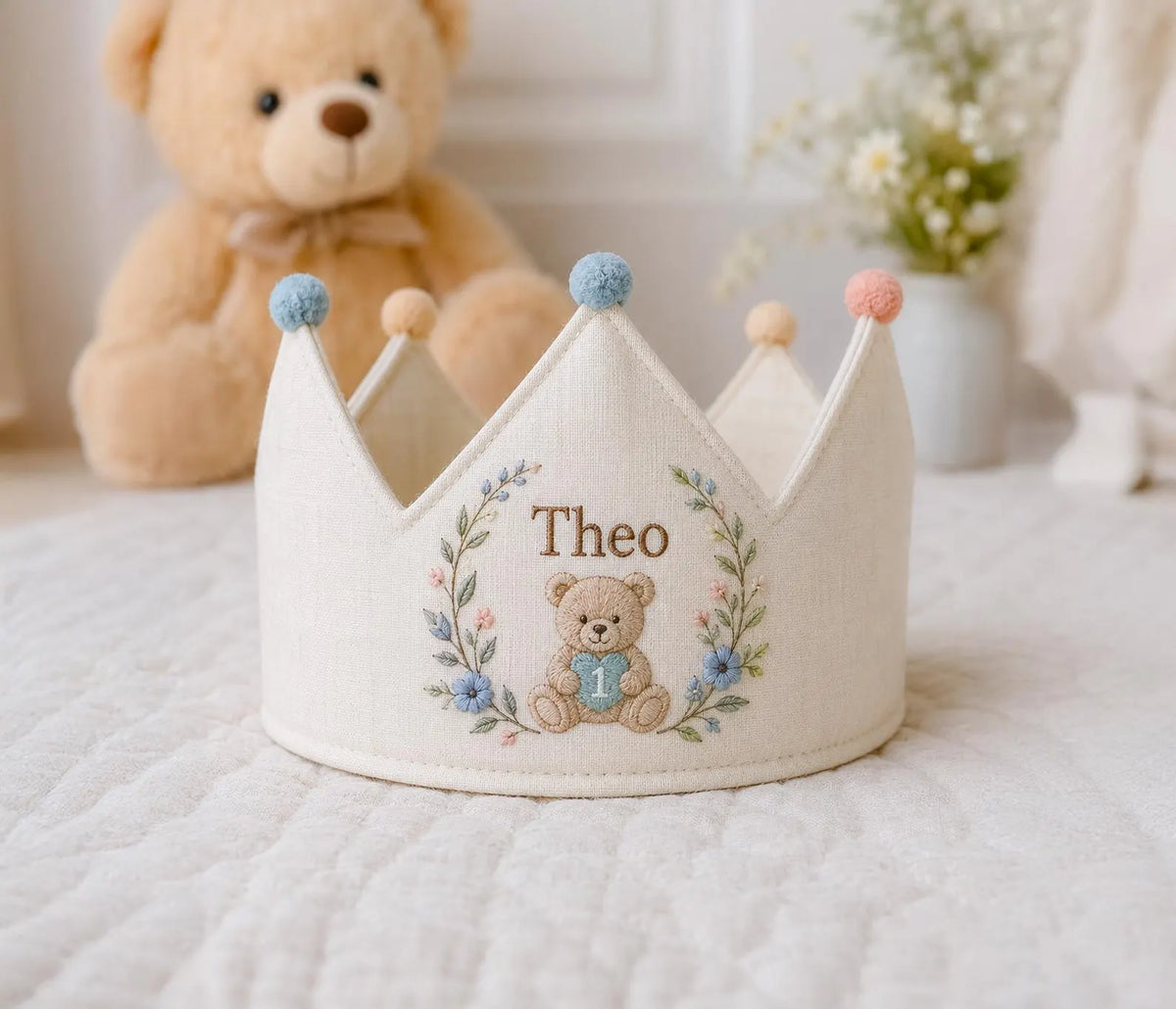 Personalized Teddy Bear Birthday Crown, Hand Embroidered Blue and Pink Flowers, Custom Name and Age First Birthday Party Hat Baby Boy's Gift