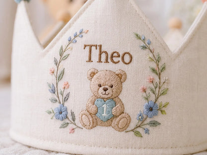 Personalized Teddy Bear Birthday Crown, Hand Embroidered Blue and Pink Flowers, Custom Name and Age First Birthday Party Hat Baby Boy's Gift