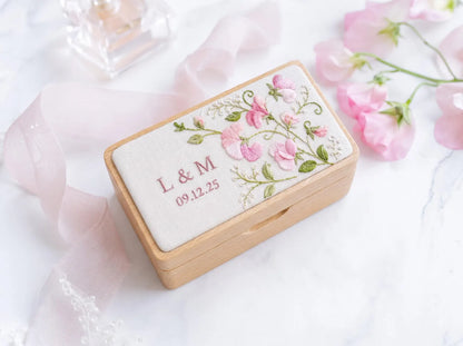Personalized Mini Wooden Jewelry Box, Hand Embroidered Pink Sweet Pea Ring Box with Initials and Date, Wedding Keepsake Gift Box