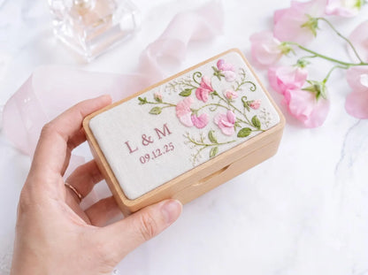 Personalized Mini Wooden Jewelry Box, Hand Embroidered Pink Sweet Pea Ring Box with Initials and Date, Wedding Keepsake Gift Box