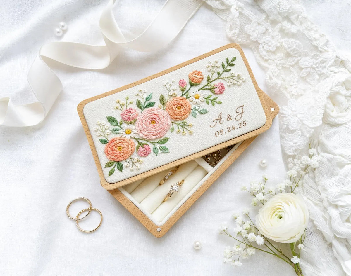 Personalized Mini Wooden Jewelry Box, Hand Embroidered Peach and Blush Ranunculus with White Daisies, Initials and Date Wedding Ring Box Set