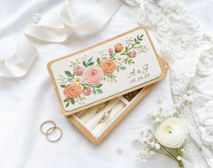 Personalized Mini Wooden Jewelry Box, Hand Embroidered Peach and Blush Ranunculus with White Daisies, Initials and Date Wedding Ring Box Set