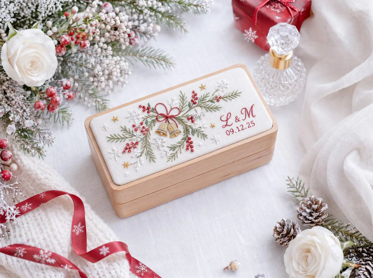 Personalized Mini Wooden Jewelry Box, Hand Embroidered Christmas Bells with Pine, Red Berries, Snowflakes, Initials & Date, Wedding Keepsake