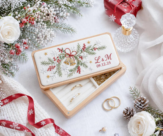 Personalized Mini Wooden Jewelry Box, Hand Embroidered Christmas Bells with Pine, Red Berries, Snowflakes, Initials & Date, Wedding Keepsake
