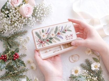 Mini Wooden Jewelry Box, Hand Embroidered Christmas Daisies with Pine, Holly Berries and Red Bow, Custom Initials and Date, Wedding Keepsake