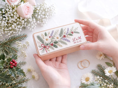 Mini Wooden Jewelry Box, Hand Embroidered Christmas Daisies with Pine, Holly Berries and Red Bow, Custom Initials and Date, Wedding Keepsake