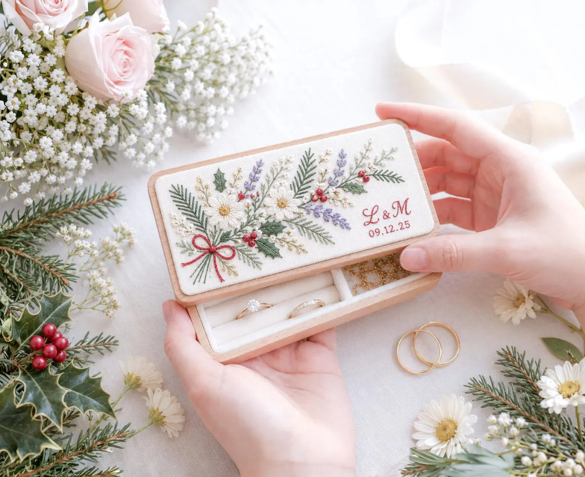 Mini Wooden Jewelry Box, Hand Embroidered Christmas Daisies with Pine, Holly Berries and Red Bow, Custom Initials and Date, Wedding Keepsake