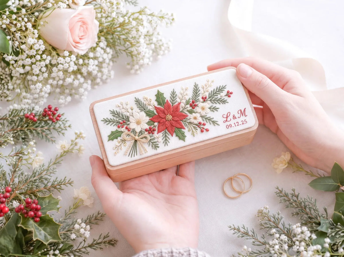 Personalized Mini Wooden Jewelry Box, Hand Embroidered Poinsettia, Holly, Pine and Red Berries, Initials and Date Christmas Wedding Keepsake