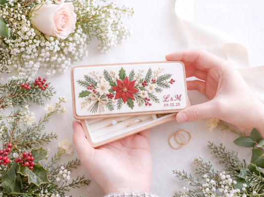 Personalized Mini Wooden Jewelry Box, Hand Embroidered Poinsettia, Holly, Pine and Red Berries, Initials and Date Christmas Wedding Keepsake