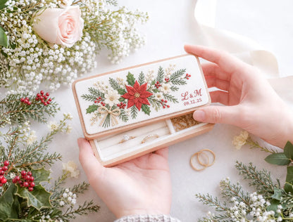Personalized Mini Wooden Jewelry Box, Hand Embroidered Poinsettia, Holly, Pine and Red Berries, Initials and Date Christmas Wedding Keepsake
