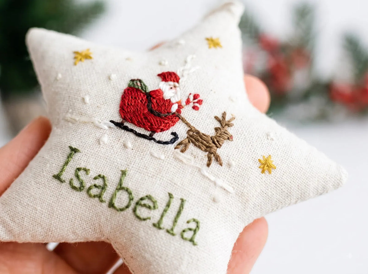 Personalized Embroidered Christmas Ornament – Linen Tree, Star & Heart Shapes, Personalized Holiday Gift, Handmade Decoration Keepsake