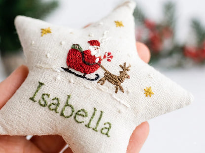 Personalized Embroidered Christmas Ornament – Linen Tree, Star & Heart Shapes, Personalized Holiday Gift, Handmade Decoration Keepsake