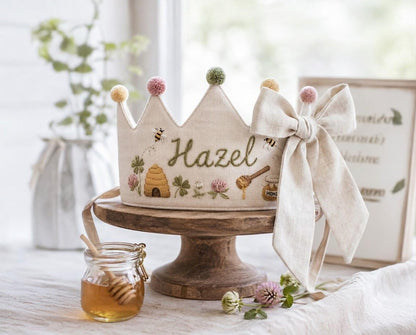 Personalized Bee Birthday Crown, Hand Embroidered Linen Party Hat, Honey Bee Beehive Crown, Custom Name Kids Birthday Gift