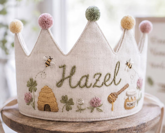 Personalized Bee Birthday Crown, Hand Embroidered Linen Party Hat, Honey Bee Beehive Crown, Custom Name Kids Birthday Gift