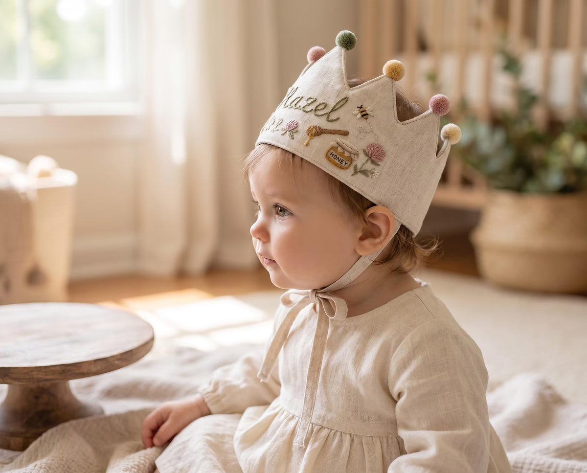 Personalized Bee Birthday Crown, Hand Embroidered Linen Party Hat, Honey Bee Beehive Crown, Custom Name Kids Birthday Gift