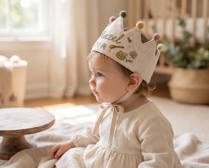 Personalized Bee Birthday Crown, Hand Embroidered Linen Party Hat, Honey Bee Beehive Crown, Custom Name Kids Birthday Gift