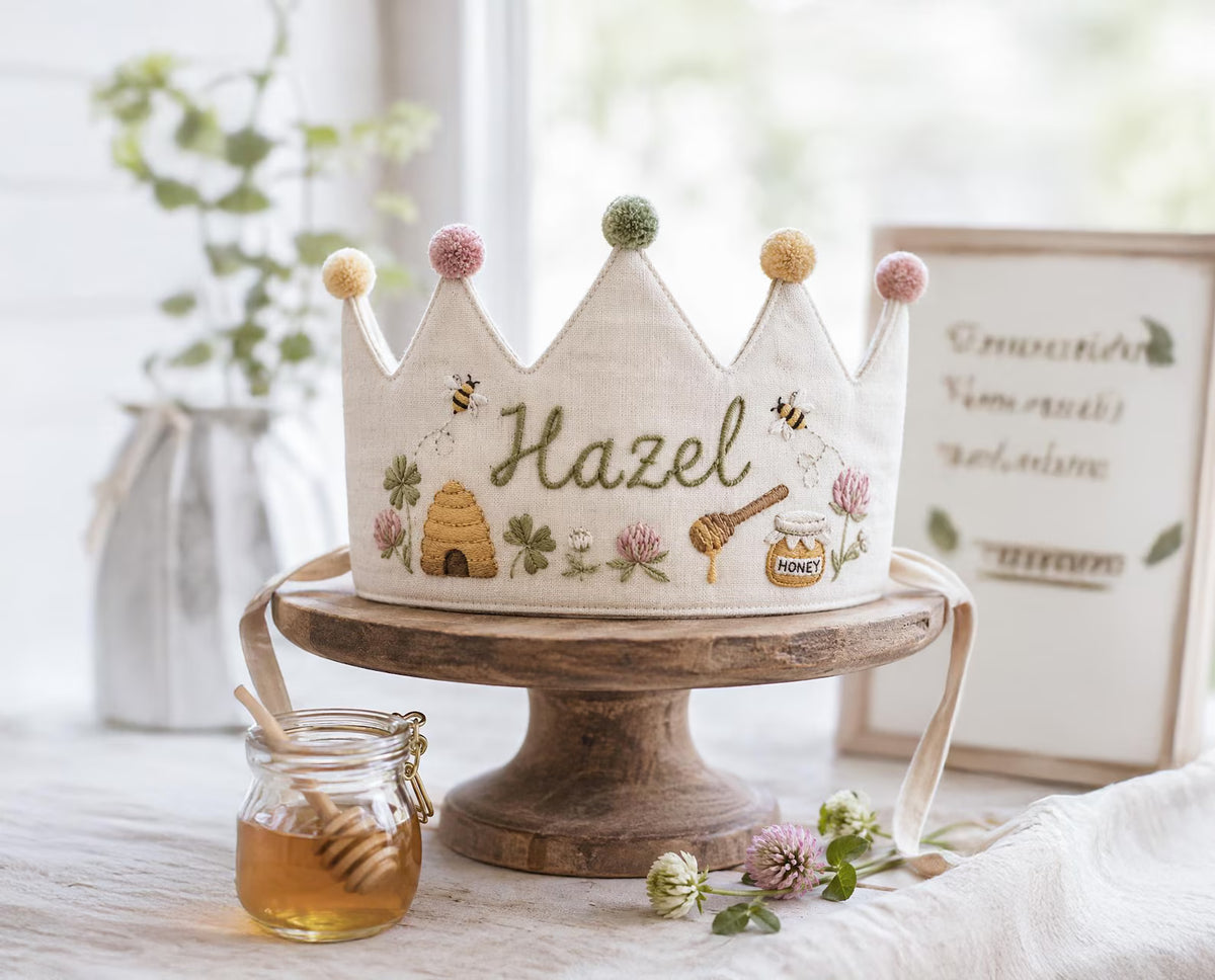 Personalized Bee Birthday Crown, Hand Embroidered Linen Party Hat, Honey Bee Beehive Crown, Custom Name Kids Birthday Gift