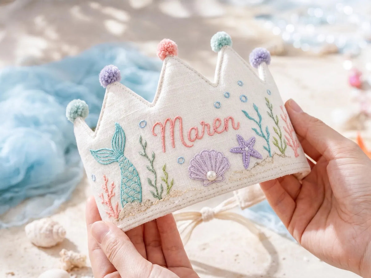 Personalized Mermaid Birthday Crown, Hand Embroidered Linen Party Hat, Custom Name Ocean Crown, Under the Sea Birthday Gift