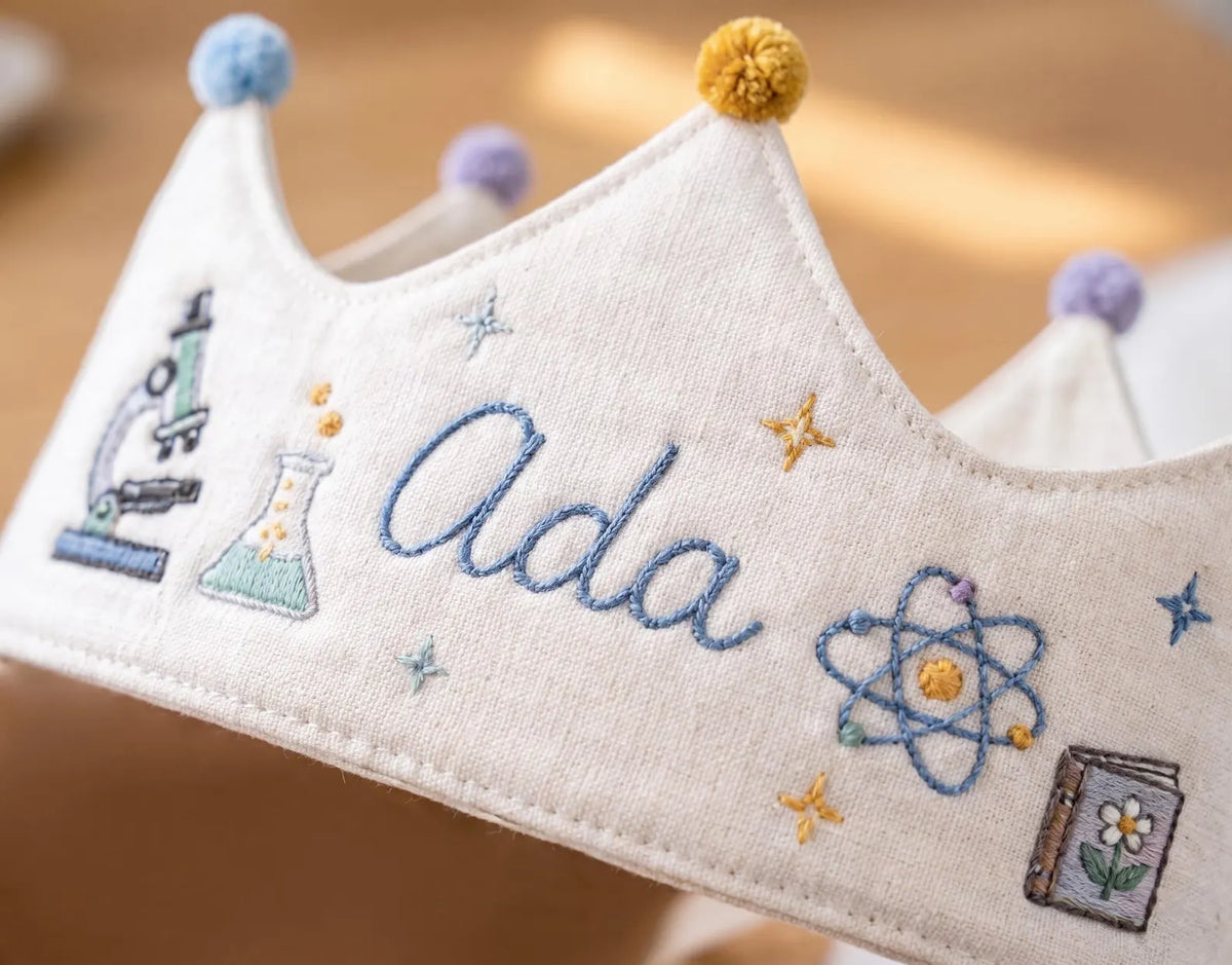 Personalized Science Birthday Crown, Hand Embroidered Linen Party Hat, Custom Name STEM Crown, Scientist Kids Birthday Gift