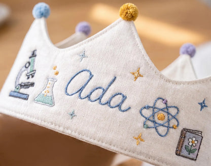 Personalized Science Birthday Crown, Hand Embroidered Linen Party Hat, Custom Name STEM Crown, Scientist Kids Birthday Gift