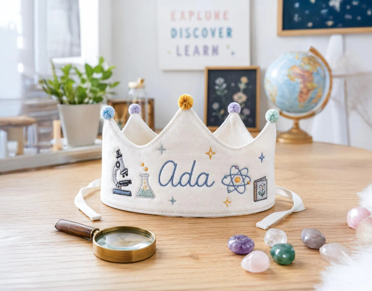 Personalized Science Birthday Crown, Hand Embroidered Linen Party Hat, Custom Name STEM Crown, Scientist Kids Birthday Gift
