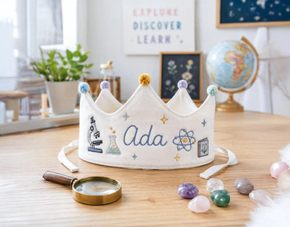 Personalized Science Birthday Crown, Hand Embroidered Linen Party Hat, Custom Name STEM Crown, Scientist Kids Birthday Gift