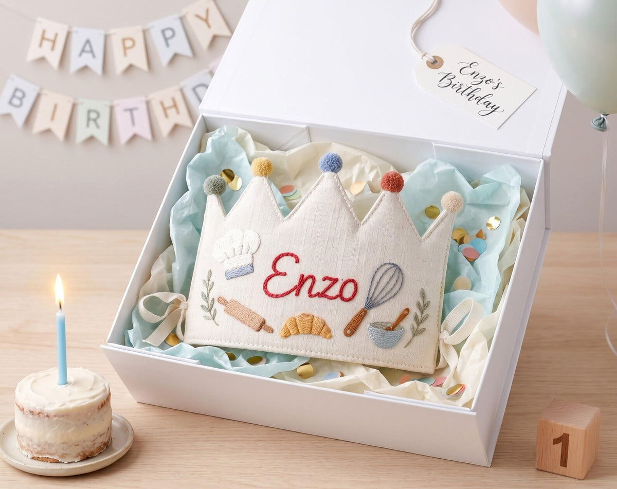 Personalized Baking Birthday Crown, Hand Embroidered Chef Party Hat, Custom Name Kids Crown, Baker Cooking Birthday Gift
