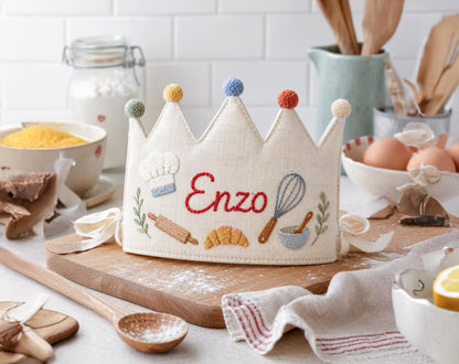Personalized Baking Birthday Crown, Hand Embroidered Chef Party Hat, Custom Name Kids Crown, Baker Cooking Birthday Gift