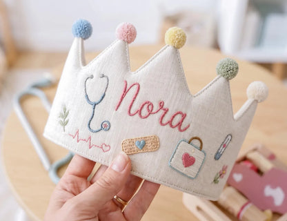 Personalized Doctor Birthday Crown, Hand Embroidered Linen Party Hat, Custom Name Medical Crown, Nurse Stethoscope Kids Birthday Gift