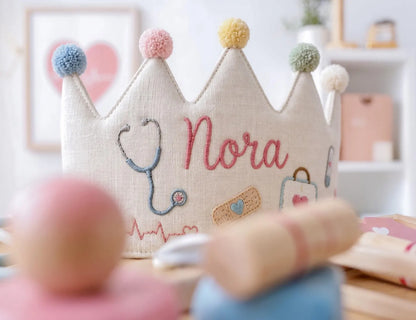 Personalized Doctor Birthday Crown, Hand Embroidered Linen Party Hat, Custom Name Medical Crown, Nurse Stethoscope Kids Birthday Gift