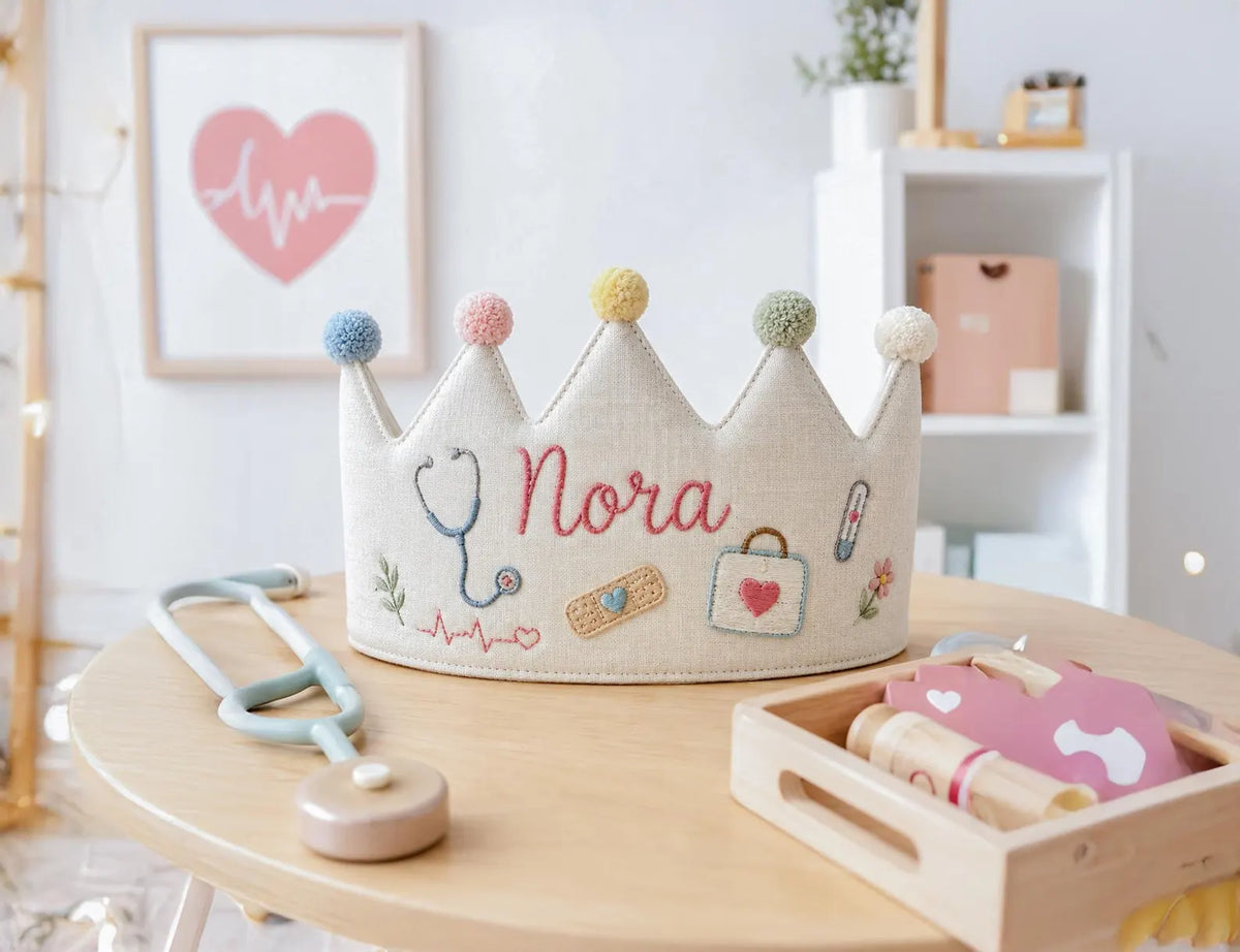 Personalized Doctor Birthday Crown, Hand Embroidered Linen Party Hat, Custom Name Medical Crown, Nurse Stethoscope Kids Birthday Gift