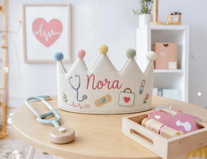 Personalized Doctor Birthday Crown, Hand Embroidered Linen Party Hat, Custom Name Medical Crown, Nurse Stethoscope Kids Birthday Gift