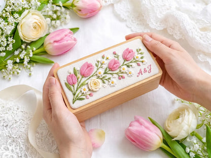 Personalized Mini Wooden Jewelry Box, Hand Embroidered Pink Tulips, White Daisies and Ivory Ranunculus, Custom Initials Wedding Keepsake Box
