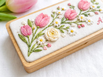 Personalized Mini Wooden Jewelry Box, Hand Embroidered Pink Tulips, White Daisies and Ivory Ranunculus, Custom Initials Wedding Keepsake Box