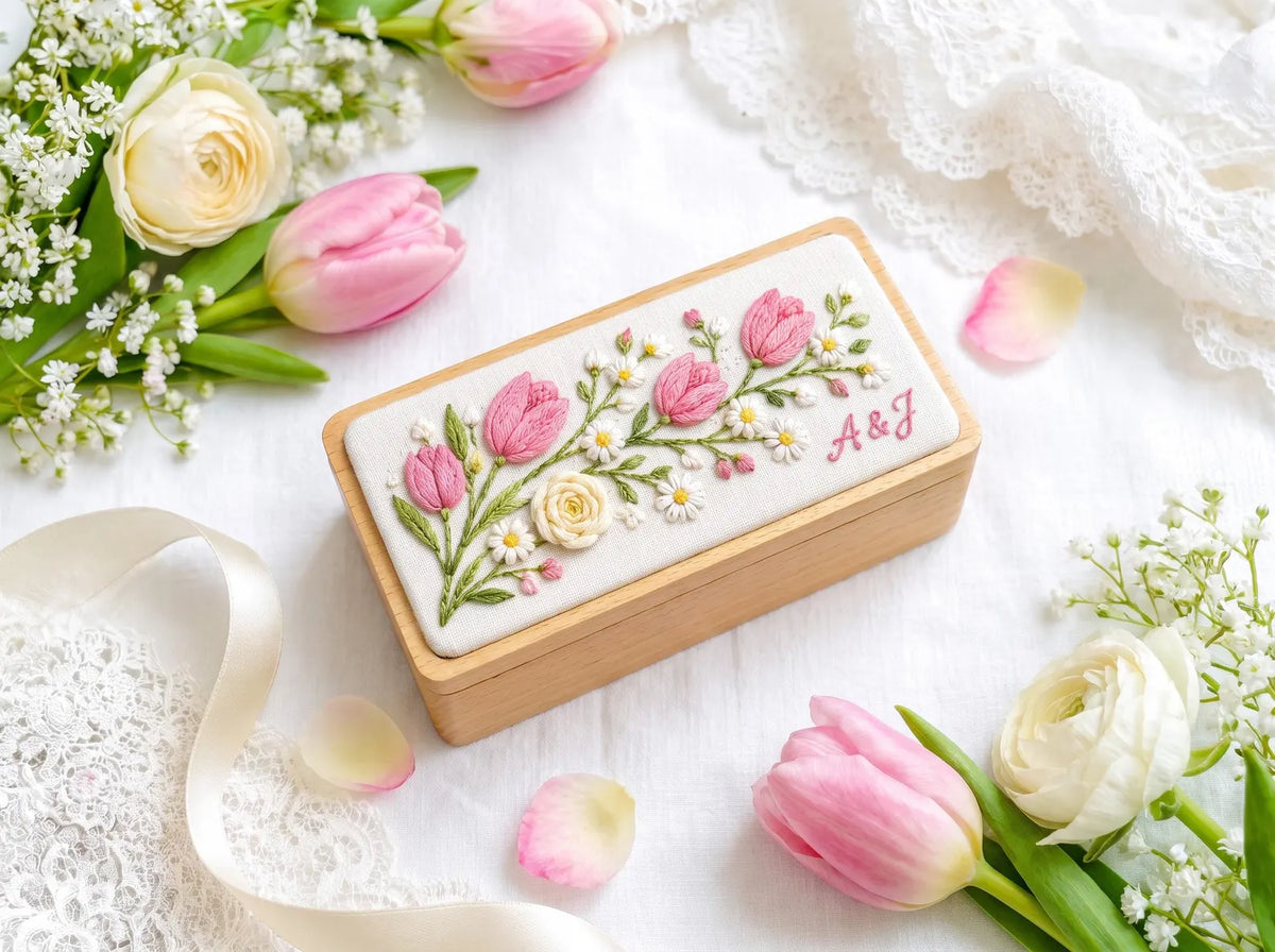 Personalized Mini Wooden Jewelry Box, Hand Embroidered Pink Tulips, White Daisies and Ivory Ranunculus, Custom Initials Wedding Keepsake Box