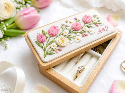 Personalized Mini Wooden Jewelry Box, Hand Embroidered Pink Tulips, White Daisies and Ivory Ranunculus, Custom Initials Wedding Keepsake Box