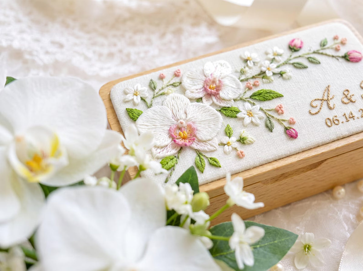 Personalized Mini Wooden Jewelry Box, Hand Embroidered White Orchids and Jasmine Flowers, Custom Wedding Keepsake Gift for Bride