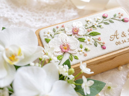 Personalized Mini Wooden Jewelry Box, Hand Embroidered White Orchids and Jasmine Flowers, Custom Wedding Keepsake Gift for Bride