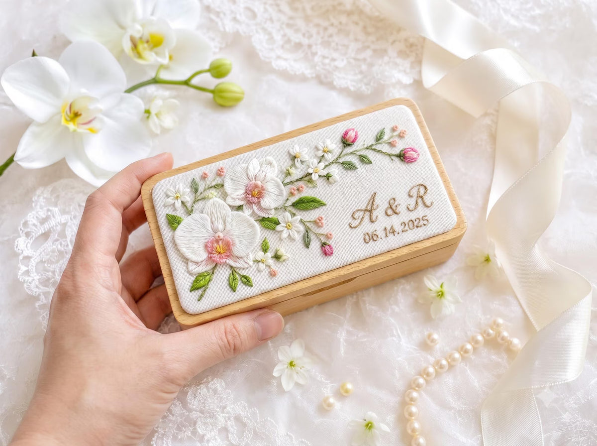Personalized Mini Wooden Jewelry Box, Hand Embroidered White Orchids and Jasmine Flowers, Custom Wedding Keepsake Gift for Bride