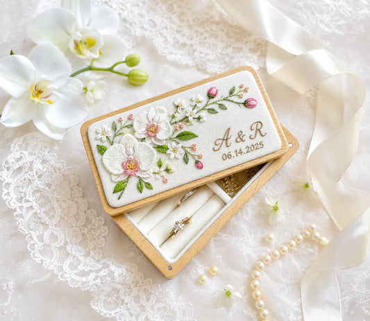 Personalized Mini Wooden Jewelry Box, Hand Embroidered White Orchids and Jasmine Flowers, Custom Wedding Keepsake Gift for Bride