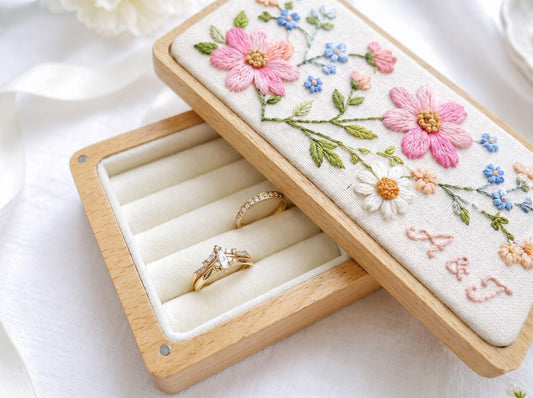 Personalized Pink Cosmos Wedding Ring Box, Hand Embroidered Forget Me Not and Daisy Wooden Jewelry Box, Custom Initials Bridal Keepsake Gift